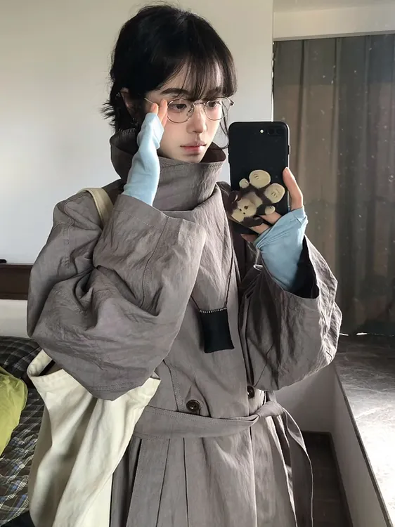秋冬款长款ins风简约复古气质风衣立领褶皱收腰通勤百搭外套女