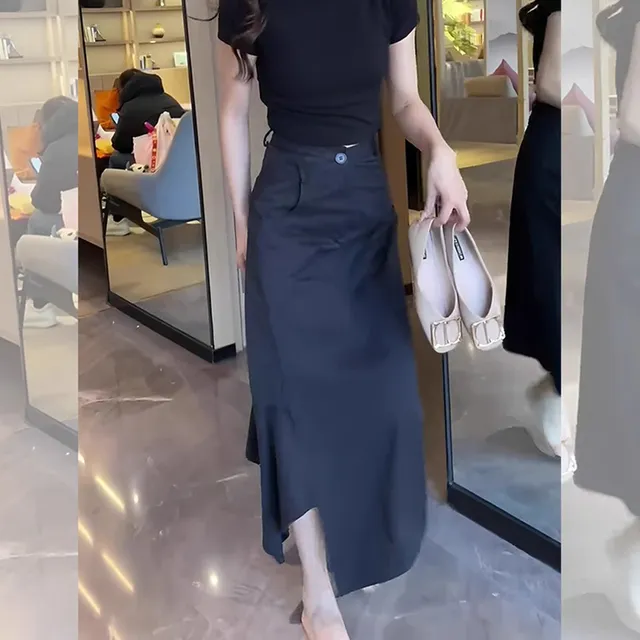 不规则黑色A字半身裙女2025夏季新款高腰时尚减龄洋气百搭中长裙