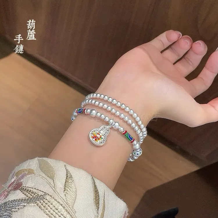 足银珐琅手链 古法珐琅彩叠戴三圈串珠葫芦莲花手链国风百搭项链
