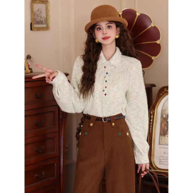 陈大器【山岚水润】复古港风针织长袖百搭宽松上衣衬衫JH5749284