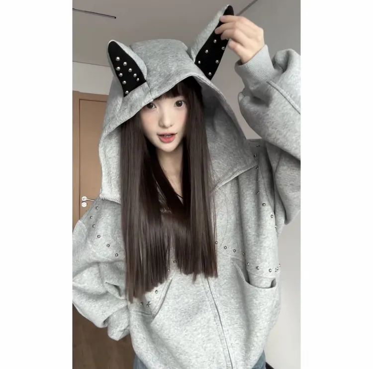 美式拼接柳钉杜宾犬耳朵连帽卫衣2025甜酷风设计感短外套情侣款