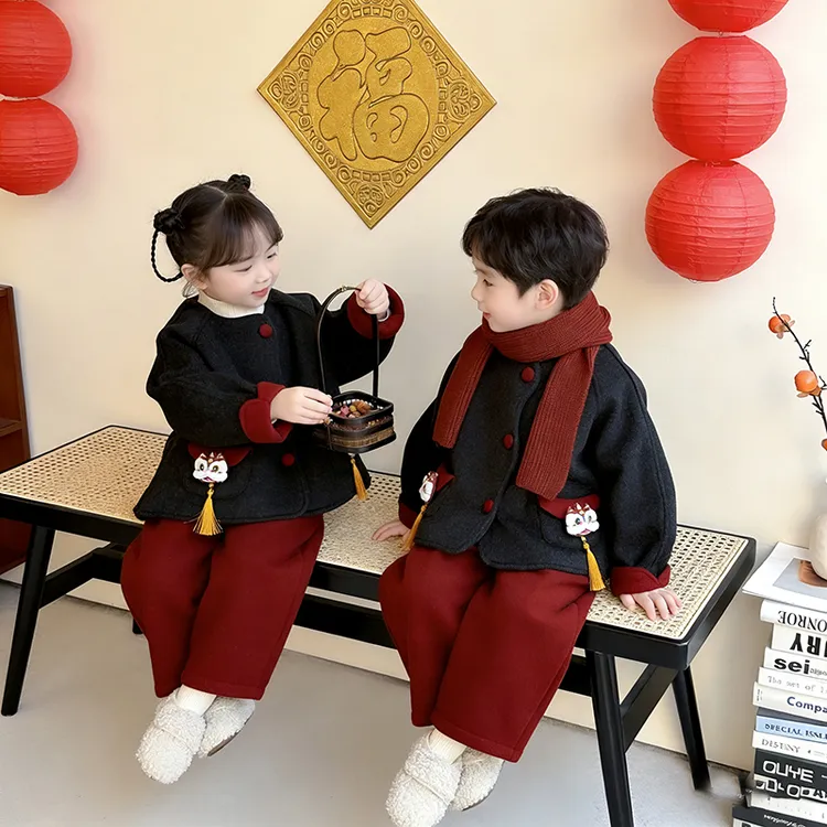 儿童中国风红色拜年服男童单排扣厚款宝宝年服套装小童冬季洋气