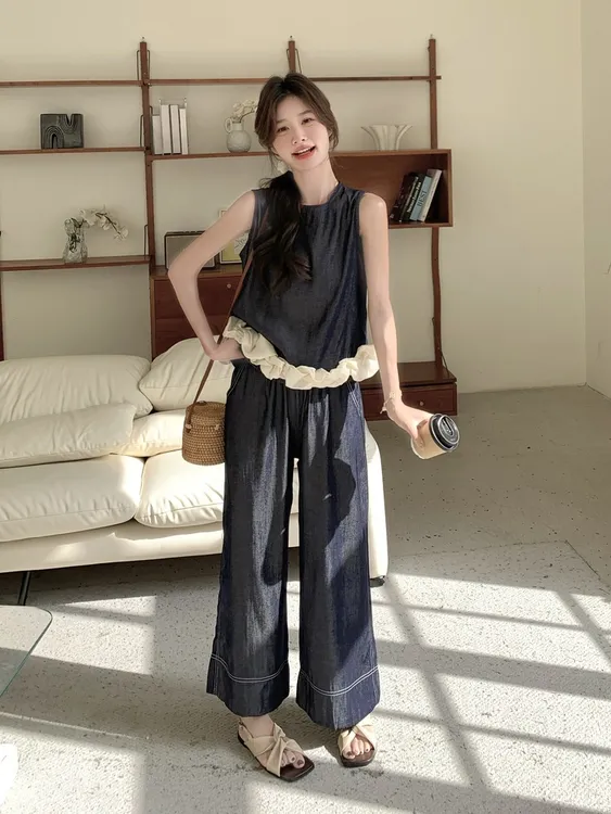 休闲气质花边无袖牛仔薄款阔腿裤套装女夏季新款韩系宽松显瘦