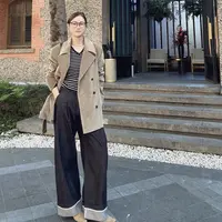 【丽姐女装】气场大翻边｜洋气质感 高色牢度宽松阔腿裤牛仔裤K0375