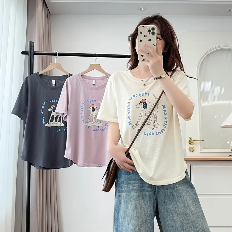 圆领宽松型短袖彩绘动物印花T恤减龄韩系风