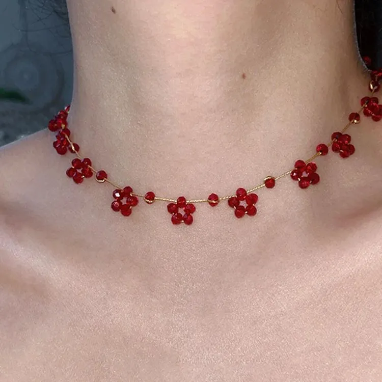 合金项链 「山野莓莓」夏日小清新红色多切面串珠项链显白锁骨链