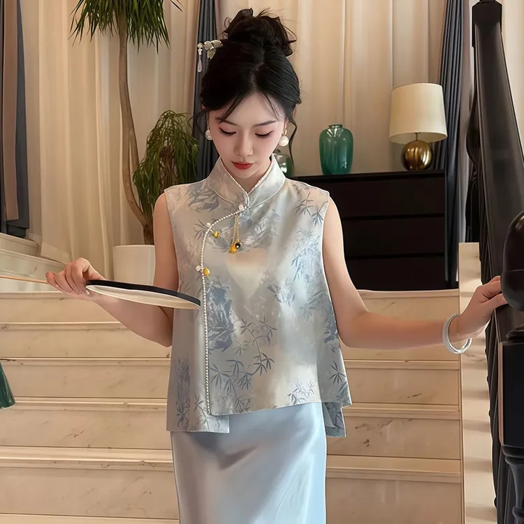 夏季新中式国风立领无袖马甲女时尚气质百搭复古提花斜襟马夹薄款