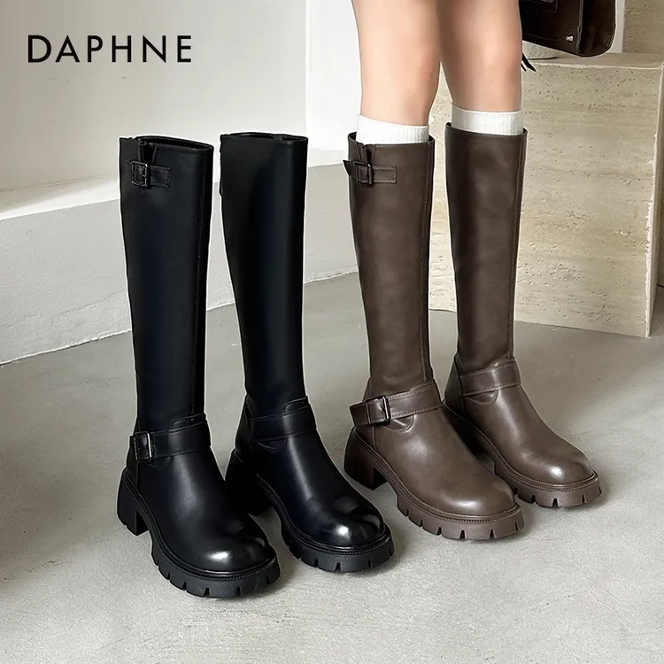 达芙妮美拉德风靴子女2025秋冬小个子长靴加绒粗跟骑士靴女时装靴