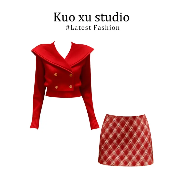 春季韩系设计感红色双排扣毛衣女内搭针织上衣撞色格子包臀半身裙