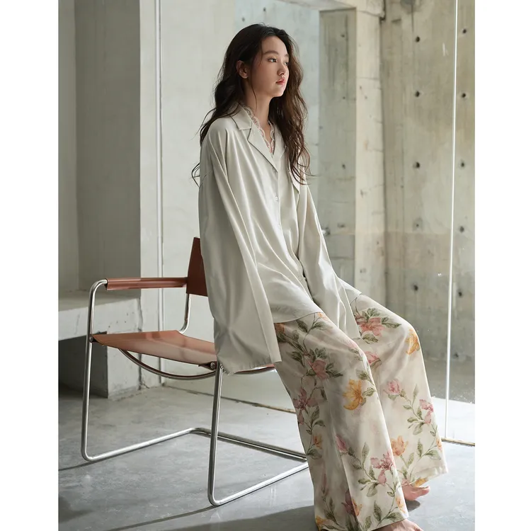 美腾莫代尔棉睡衣女春秋季新款长袖开衫宽松家居服简约套装可外穿