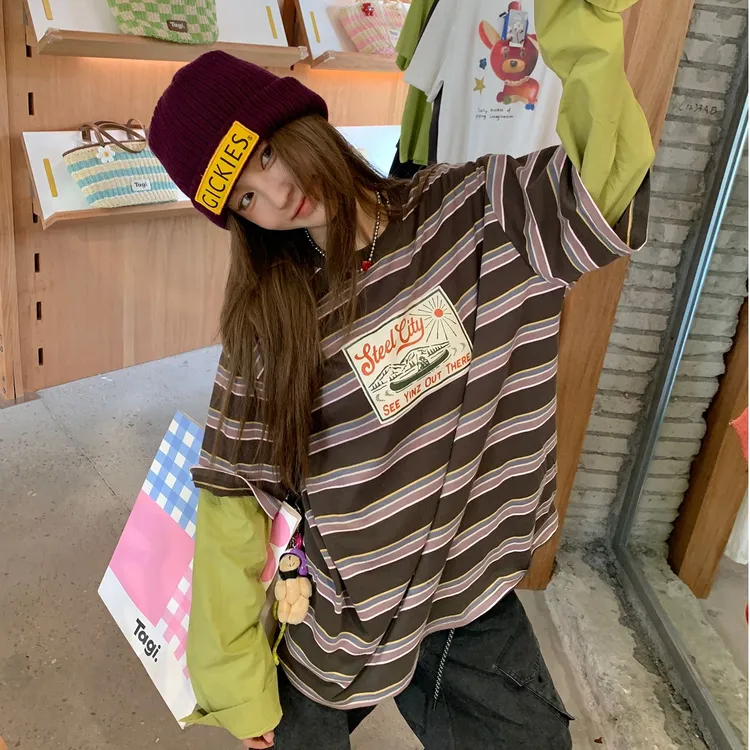 假两件条纹拼接长袖t恤女宽松美式小众ins设计感慵懒上衣N