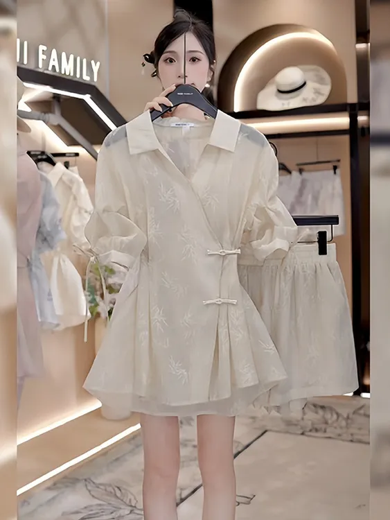 2025夏季新款国风新中式气质收腰百搭衬衫短裤女装慵懒风休闲套装