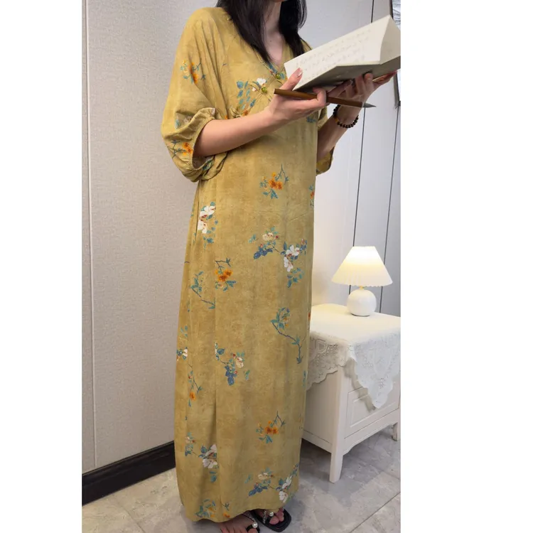 棉绸夏季中袖新中式国风显瘦V领长款连衣裙