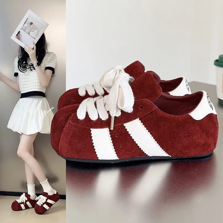 欧货磨砂软皮大头系带面包鞋女2025新款休闲板鞋内增高运动德训鞋