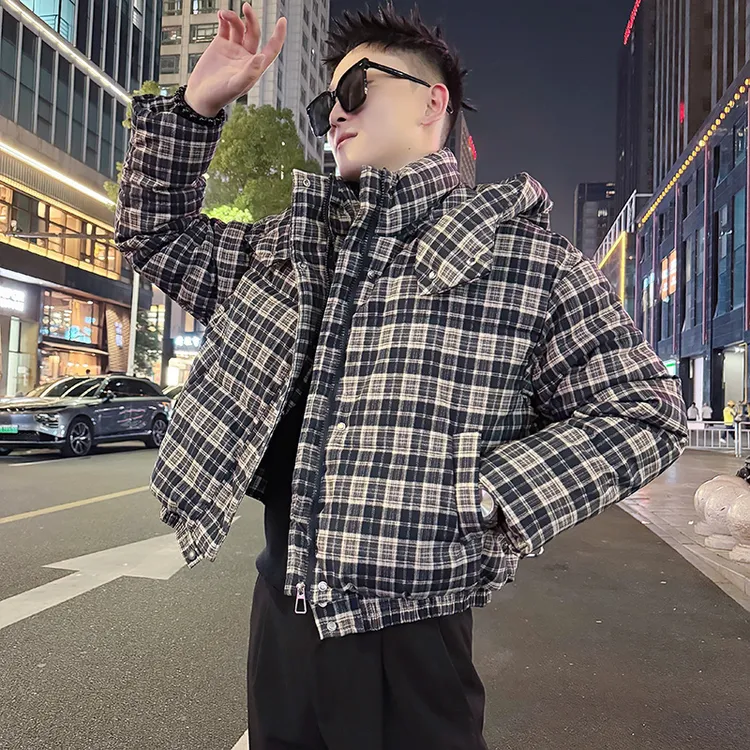 格子连帽棉衣男冬季棉袄2025新款高级感潮牌痞帅短款立领棉服上衣