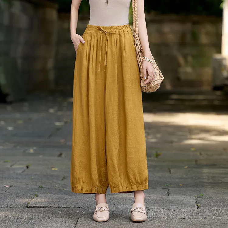 夏季亚麻国风气球裤女2025新款高腰休闲裤阔腿裤个性大码灯笼裤