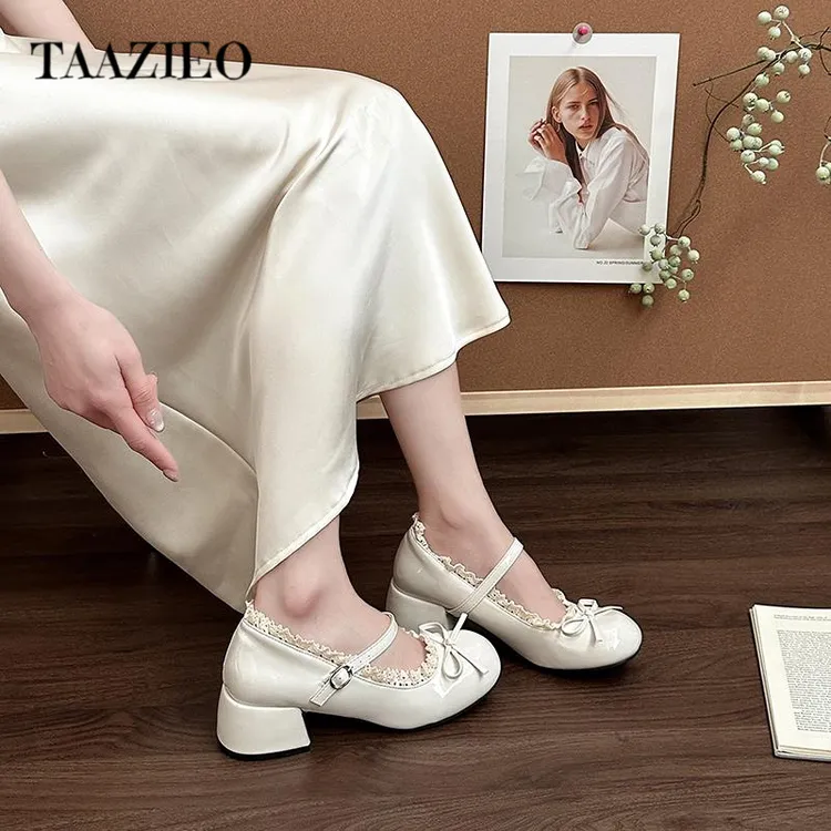 TAAZIEO高级感圆头白色芭蕾小皮鞋女2025新款夏季蕾丝边增高玛