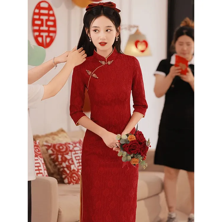 画报夫人敬酒服新娘红色旗袍女夏季小个子新款中式订婚礼服轻款秋