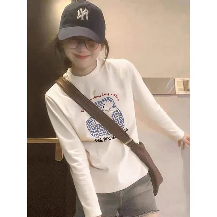 正肩螺纹长袖t恤女2025春秋冬季时尚百搭洋气简约白色圆领打底衫