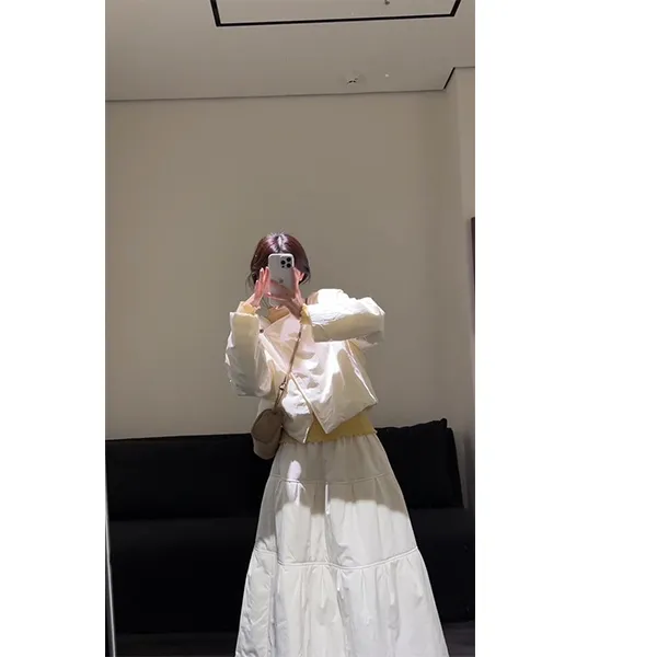 （现货）斜襟一粒扣棉服新款女冬新品设计感短外套拼接棉裙两件套装