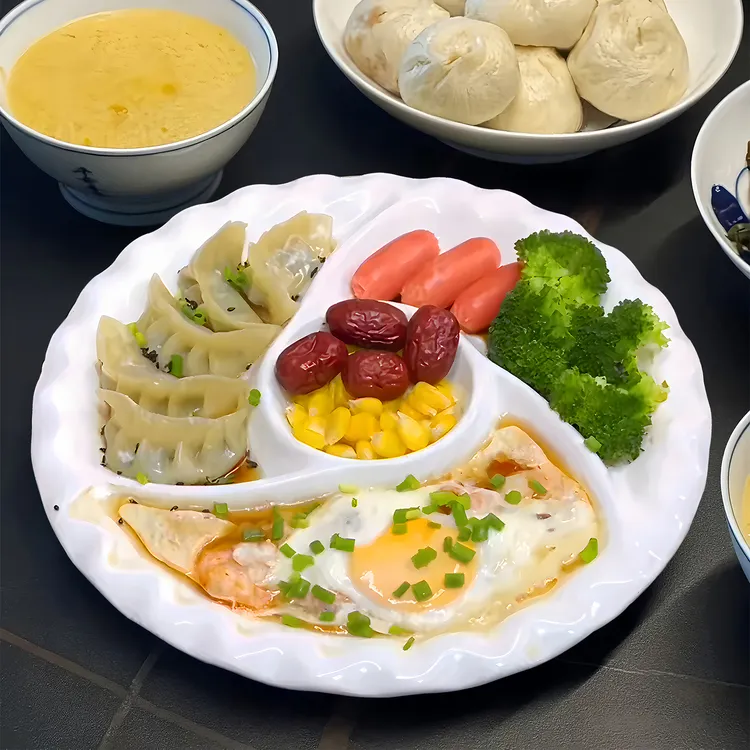 风车盘子多格分格蒸盘家用陶瓷盘子分隔餐盘早餐三格高温蒸菜碟子