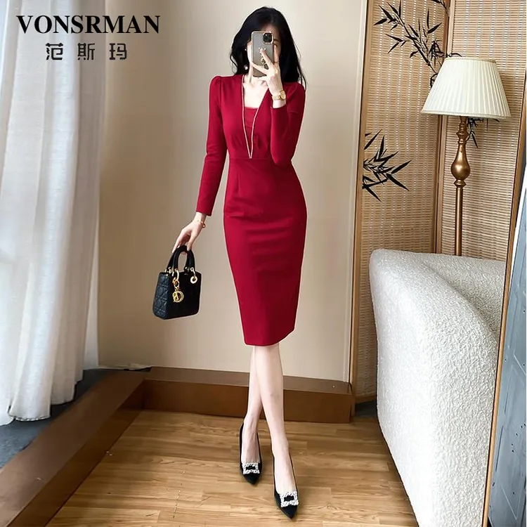 秋季红色修身包臀连衣裙高级感宴会晚礼服气质收腰女人味小红裙
