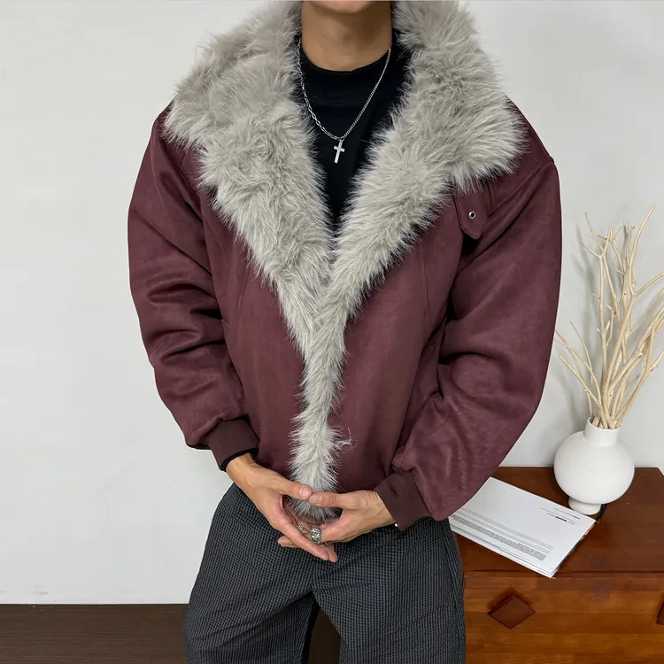 EBTTG「麂皮绒 座山雕」美式复古毛领红色棉服男冬季加绒加厚外套