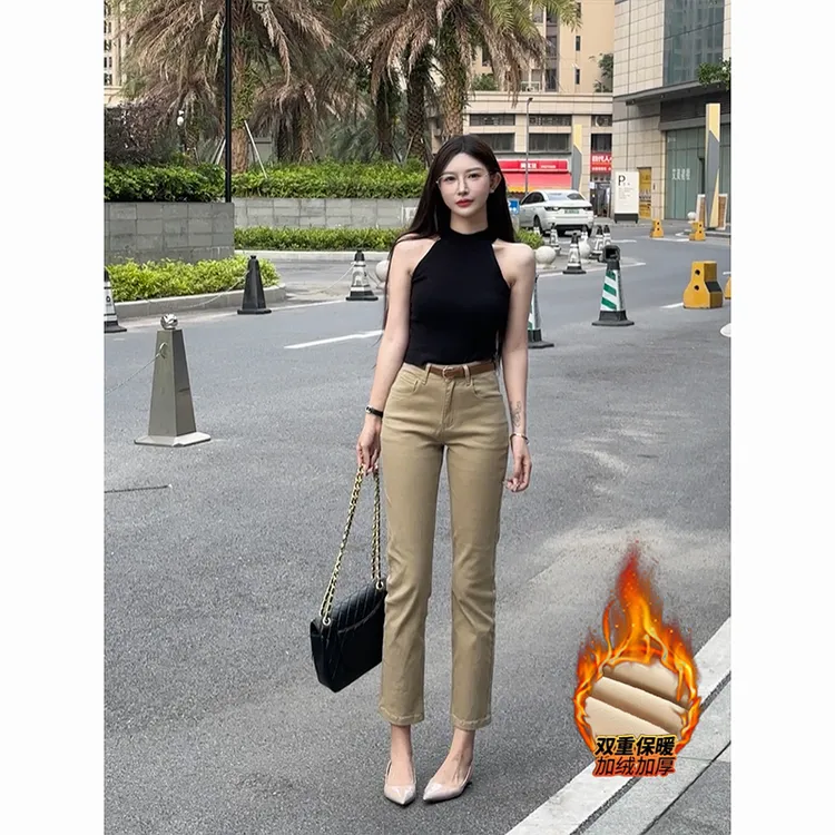 加绒经典卡其色老钱风直筒牛仔裤女2025年冬季新款高腰弹力九分裤