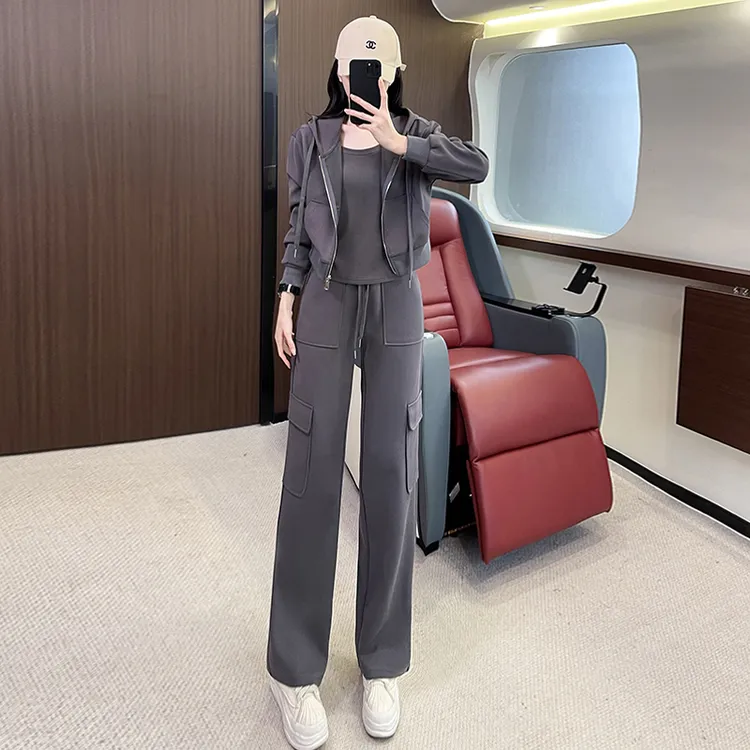 女春秋款工装三件套时尚休闲连帽开衫外套修身内搭阔腿裤运动套装