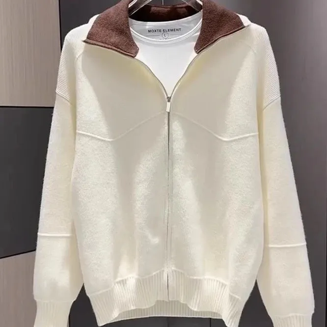 秋冬新款男生翻领撞色秋季纯色拼接开衫针织毛衣针织衫翻领外穿潮