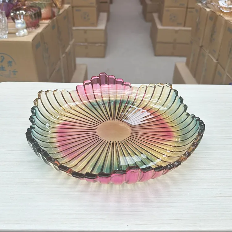 水晶玻璃简约风INS风果盘盘子条纹彩色水果篮欧式复古网红栅栏