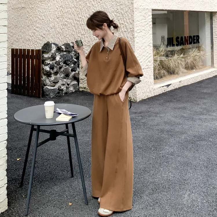 韩系氛围感套装裤女2025秋季新款条纹拼接polo领卫衣阔腿裤两件套