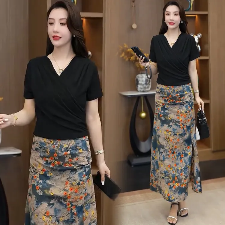 夏季新款百搭显瘦V领绑带上衣+气质显瘦压褶开叉半身裙套装