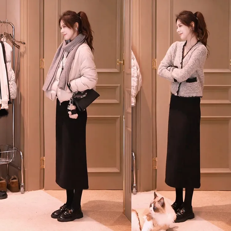 温柔时尚穿搭女2025新款气质V领针织毛衣棉服外套显瘦半身裙套装