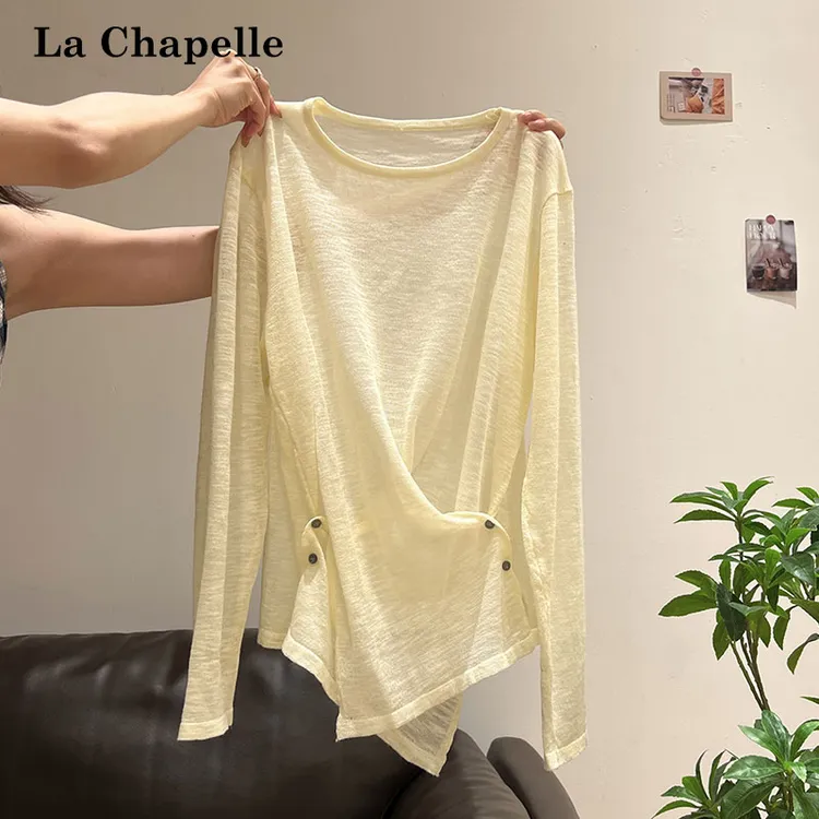 拉夏贝尔夏季褶皱设计感微透防晒罩衫女休闲宽松显瘦长袖T恤上衣
