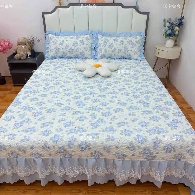 【新品四季床盖】水洗 双层纱 蕾丝花边夹棉床盖 防滑 透气柔软亲肤