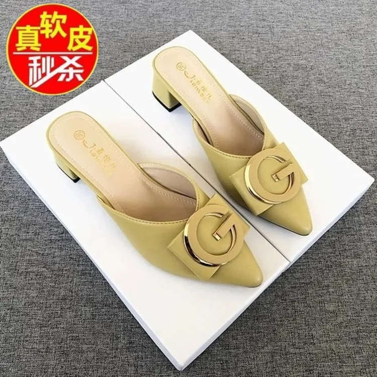 品牌断码真皮包头半拖鞋女外穿2025春网红新款尖头粗跟时尚凉拖女