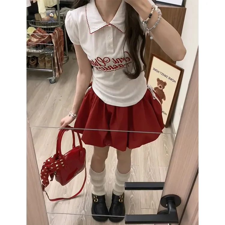 2025夏季新款女韩系穿搭翻领印花短袖上衣气质高腰显瘦花苞半身裙