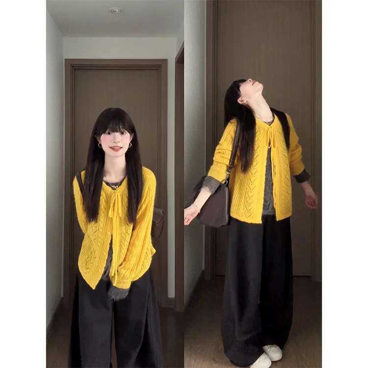 MARIE.COCO秋季新款韩系拼接假两件针织衫上衣高腰阔腿休闲裤套装