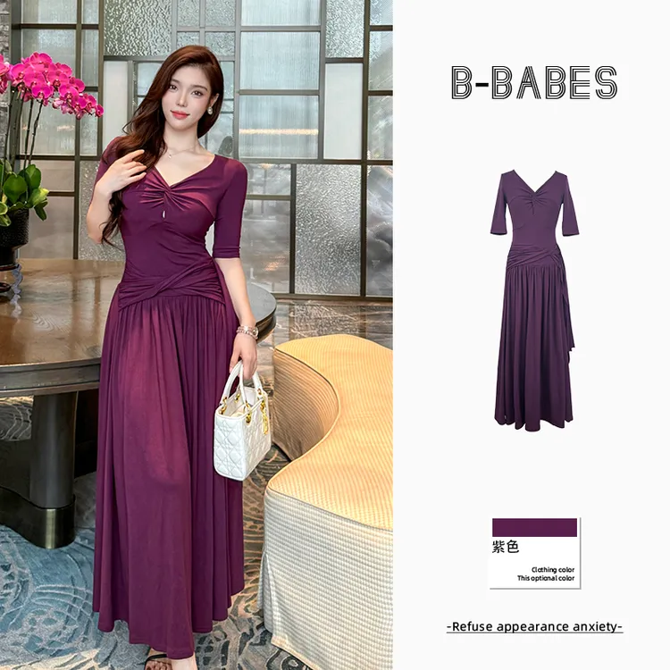 B-babes【知性姐姐】纯欲扭结设计收腰长裙性感修身微胖显瘦连衣裙