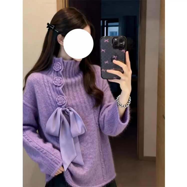 法式设计感立体花朵蝴蝶结系带毛衣不规则显瘦洋气百搭大码针织衫