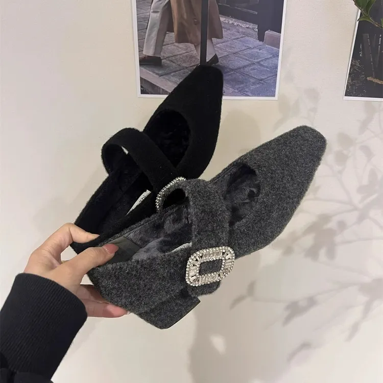 法式高跟玛丽珍毛毛鞋女鞋子2024秋冬季配裙子晚晚鞋加绒水钻单鞋