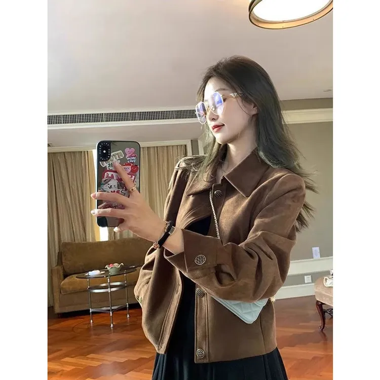 短款鹿皮绒外套女2025春秋季韩系翻领宽松休闲复古小个子夹克上衣