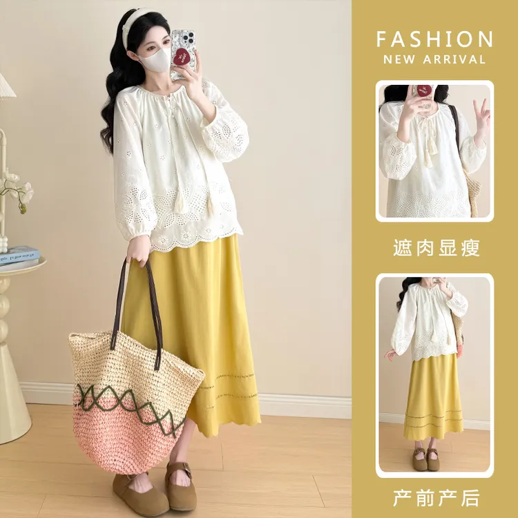 孕妇装早秋季法式新款时尚甜美宽松显瘦钩花系带衬衫花瓣边半身裙