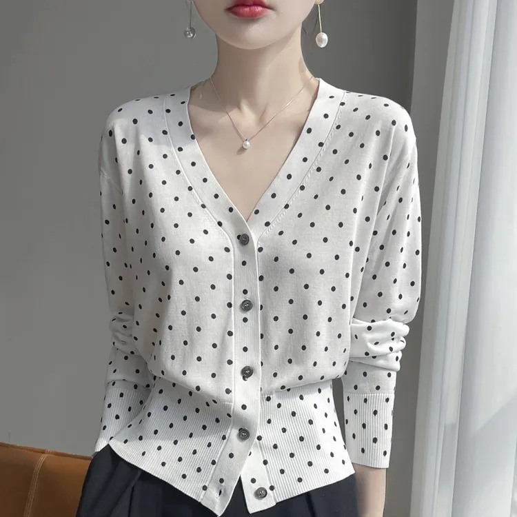 简约通勤波点长袖针织开衫气质收腰显瘦春季新款上衣