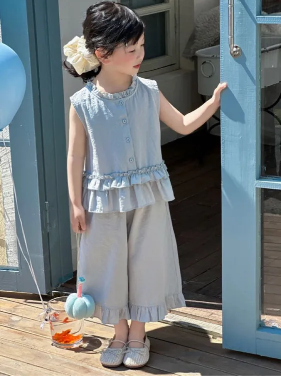 套装薄款女童装无袖洋气牛仔休闲常规休闲风女孩纯色夏季