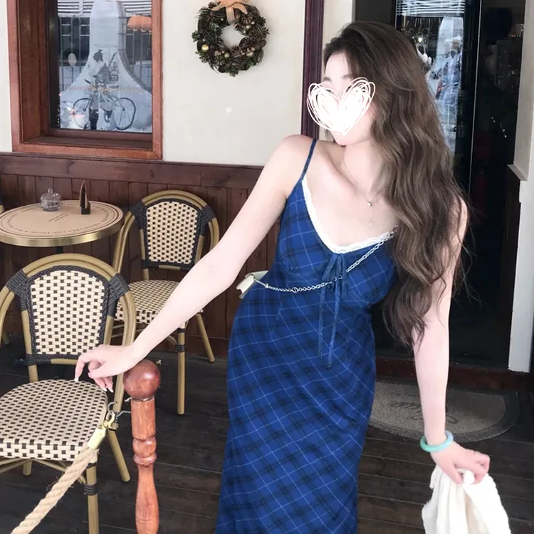FRVXO【绯闻oni】法式复古气质吊带连衣裙显白修身克莱因蓝格纹裙