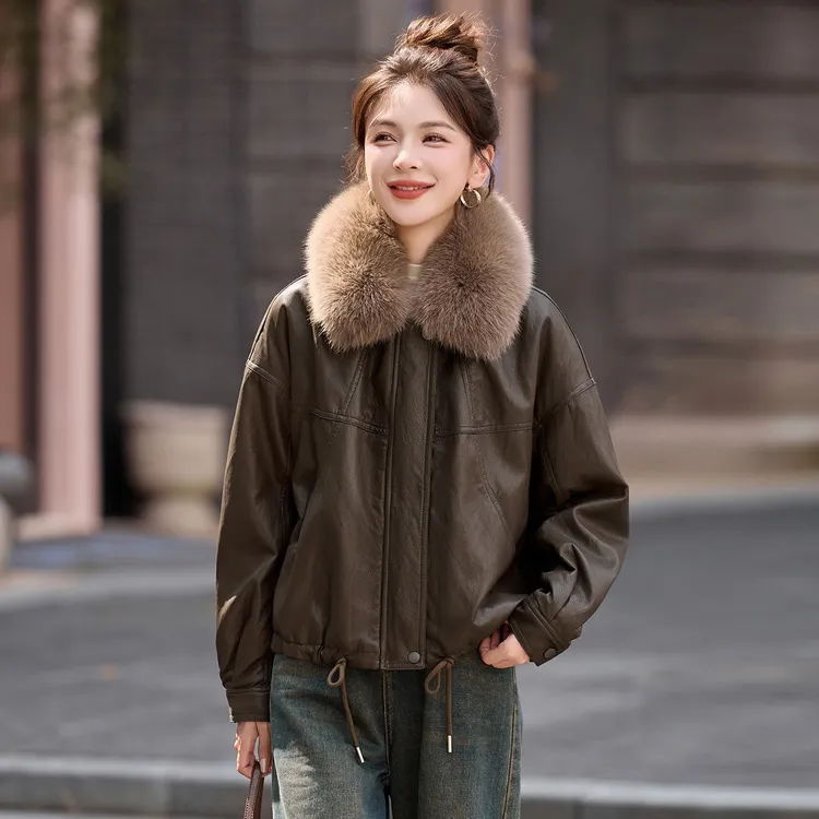 高级毛领皮衣女绵羊皮外套秋冬新款加绒短款皮夹克韩版显瘦百搭