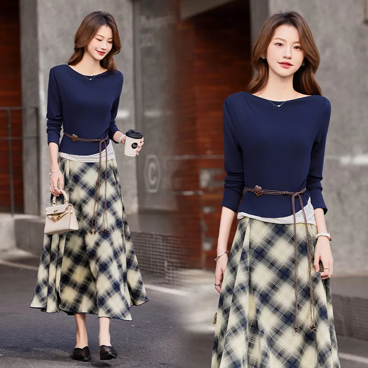 法式复古老钱风一字领针织拼接蕾丝上衣不规则格子半身裙两件套装