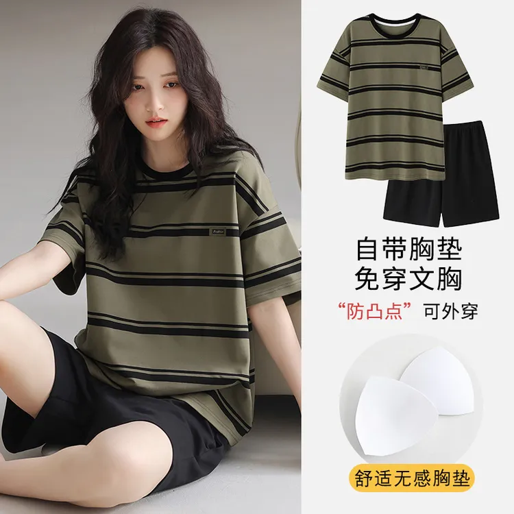 2025年短袖睡衣女夏季薄款带胸垫卡通少女学生圆领夏天家居服跨境